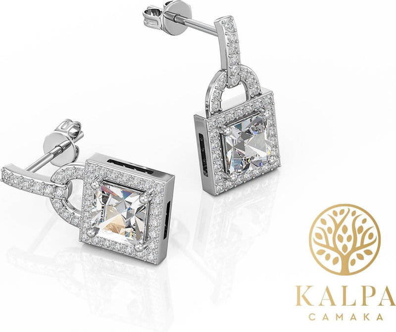 Yolora Dames Oorbellen Slotje - Kalpa Camaka Kristallen - Zilverkleurig - 18K Witgoud Verguld - Vrouwen Oorhangers Zilver - Sieraden - Luxe Giftbox - Geschenkdoos - Cadeau doos - Exclusieve Geschenkverpakking - Mooie Cadeauverpakking