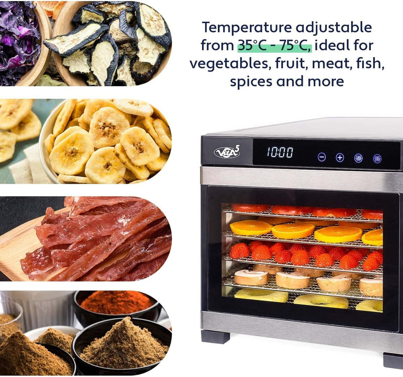 Vita5 Nobel Pro 6 Dehydrator - 6 Tray Deluxe Dörrautomat Edelstahl - Obsttrockner, Pilze Trockner and Dörrautomat Fleisch - permanent Dürrautomaten for modern homes