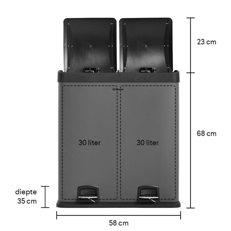 Homra NEVIQ Afvalscheiding Prullenbak met 2 vakken - 2 x 30 L inhoud - Duo pedaalemmer Grijs - 2-vaks Afvalemmer 60 Liter - Hoogwaardig RVS - Pedaal Vuilbak - Hygiënisch Afval scheiden - Grijze Duo Prullenbak - Dubbele Vuilnisbak