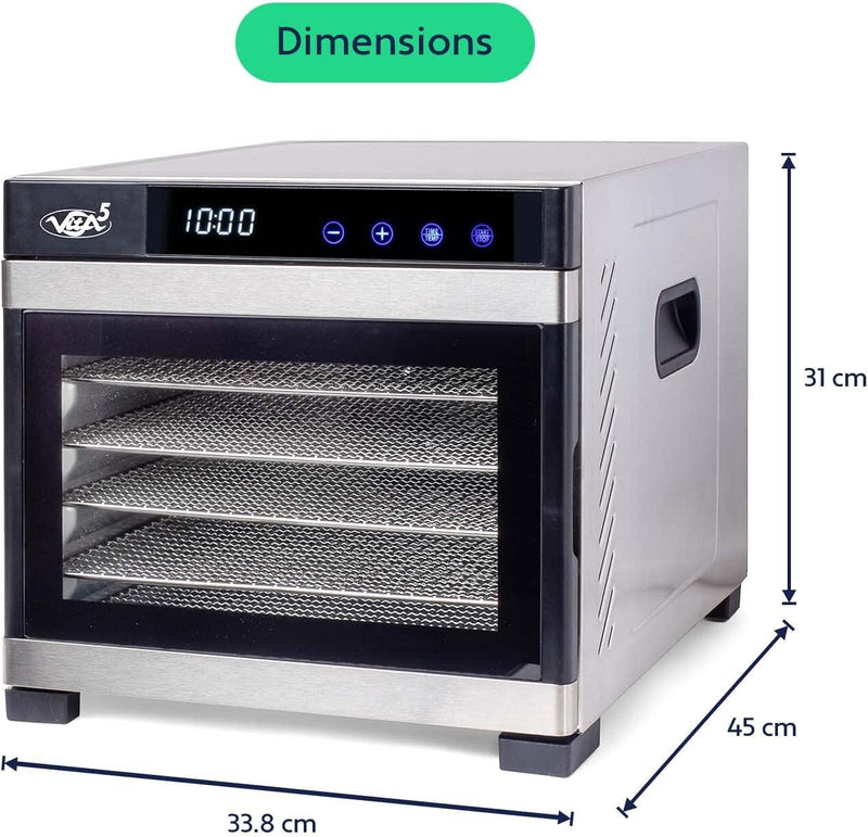 Vita5 Nobel Pro 6 Dehydrator - 6 Tray Deluxe Dörrautomat Edelstahl - Obsttrockner, Pilze Trockner and Dörrautomat Fleisch - permanent Dürrautomaten for modern homes