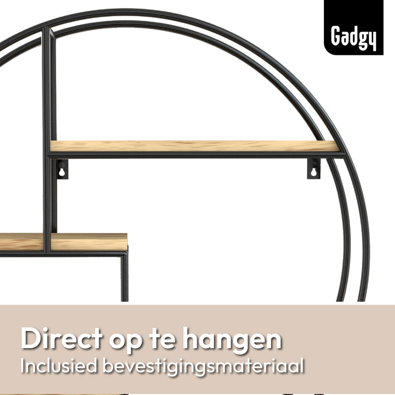 Gadgy Wandrek Industrieel – Rond met 4 Houten Planken - Wandrekken - Wanddecoratie Industrieel - Muurdecoratie Metaal – Ø 42x10 cm