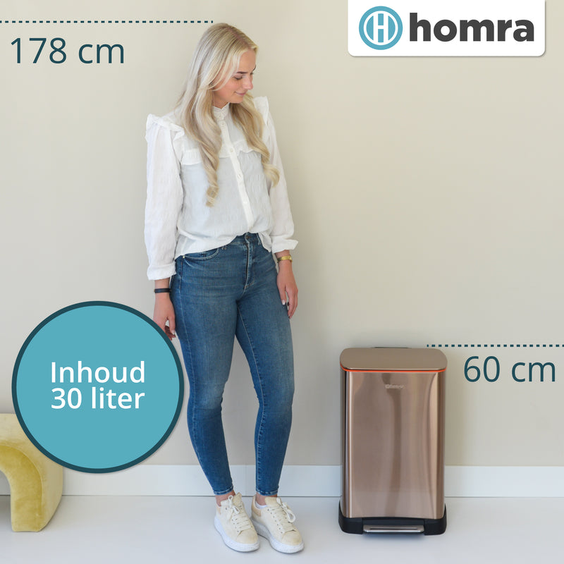 Homra Koniq Prullenbak met pedaal - 50 liter - RVS - Pedaalemmer - Automatisch Lucht Filter - Odor Control - 50L capaciteit - Soft Close Deksel - Afvalemmer - Design - Hygiënisch - Koper