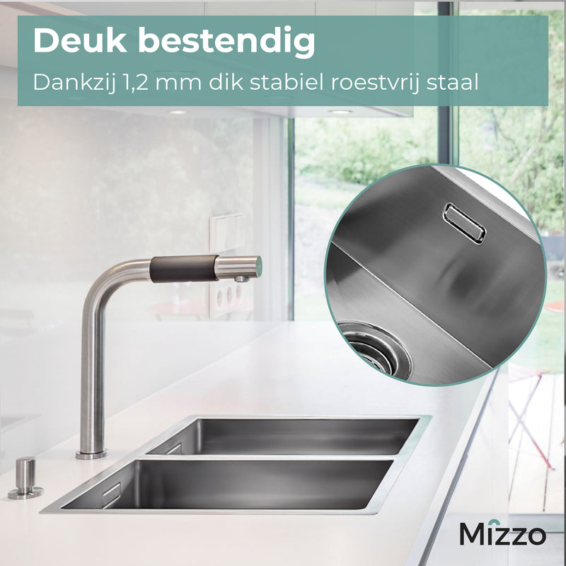 Mizzo Dubbele Spoelbak 40-40X40CM - Wasbak Keuken - vanaf 90cm kast - Onderbouw / Vlakbouw / Inbouw - Spoelunit met 2 bakken - Rechte binnenhoeken (R 0mm) - RVS 1.2mm dik