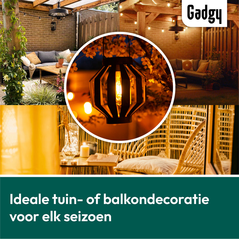 Gadgy solar lantern light bulb - set of 2 - black - metal - solar garden lighting on solar energy - LED outdoor lighting with day/night sensor - table lamp - hanging lamp - garden lantern - 20.5 x Ø 18 cm