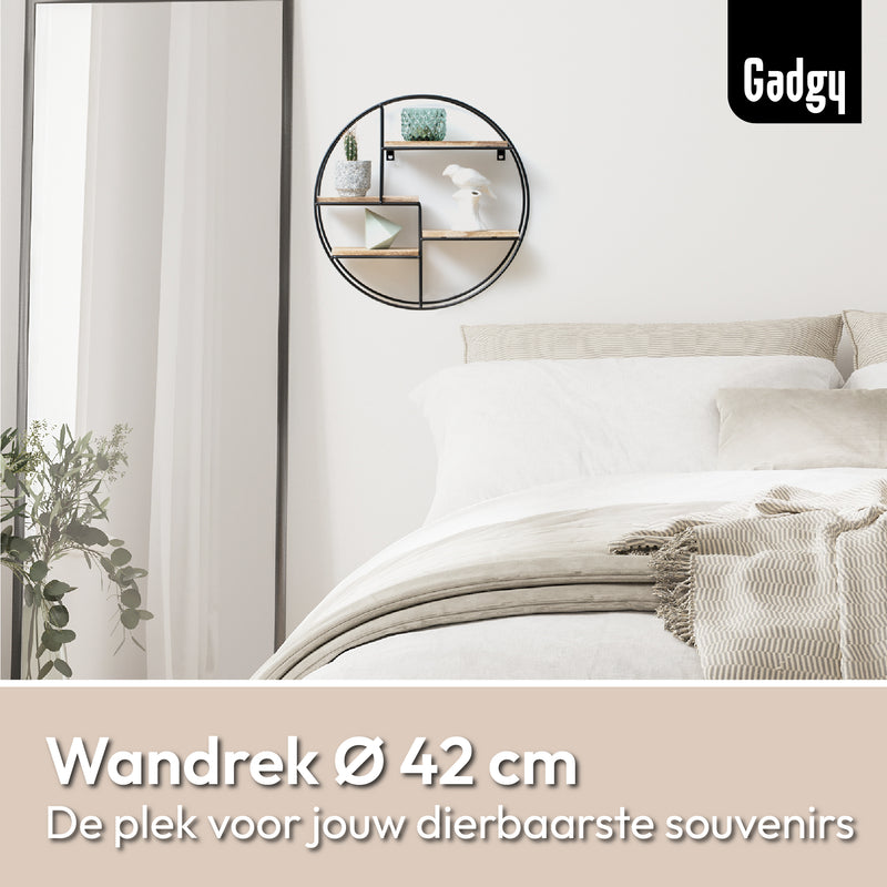 Gadgy Wandrek Industrieel – Rond met 4 Houten Planken - Wandrekken - Wanddecoratie Industrieel - Muurdecoratie Metaal – Ø 42x10 cm