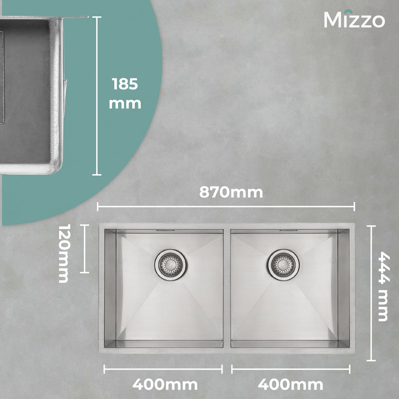 Mizzo Dubbele Spoelbak 40-40X40CM - Wasbak Keuken - vanaf 90cm kast - Onderbouw / Vlakbouw / Inbouw - Spoelunit met 2 bakken - Rechte binnenhoeken (R 0mm) - RVS 1.2mm dik