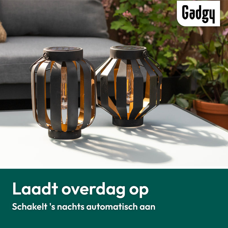 Gadgy solar lantern light bulb - set of 2 - black - metal - solar garden lighting on solar energy - LED outdoor lighting with day/night sensor - table lamp - hanging lamp - garden lantern - 20.5 x Ø 18 cm