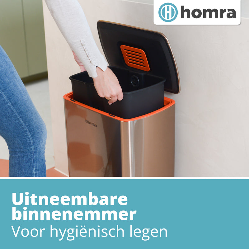 Homra Koniq Prullenbak met pedaal - 50 liter - RVS - Pedaalemmer - Automatisch Lucht Filter - Odor Control - 50L capaciteit - Soft Close Deksel - Afvalemmer - Design - Hygiënisch - Koper