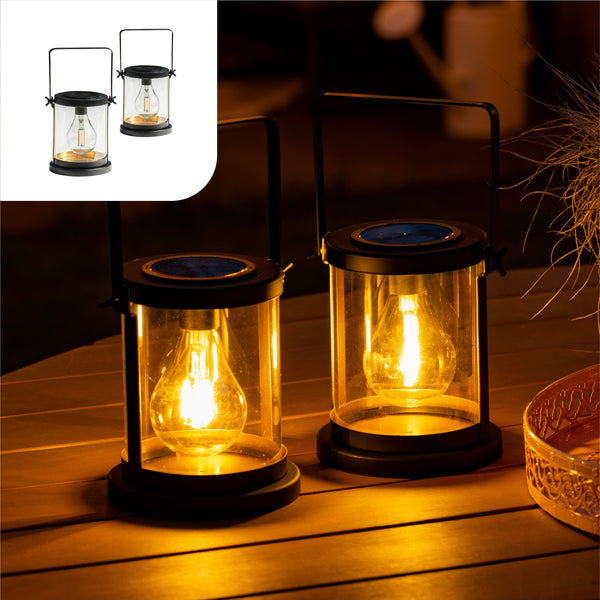 Gadgy Solar Lantaarn Glas met Led Gloeilamp - Set van 2