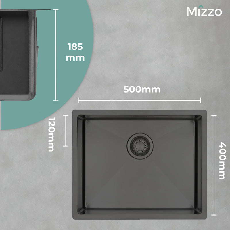 Mizzo Linea Grote Spoelbak 50X40CM - Wasbak Keuken - vanaf 60cm kast - Onderbouw / Vlakbouw / Inbouw Gootsteen - 1.2mm dik RVS - Gun Metal