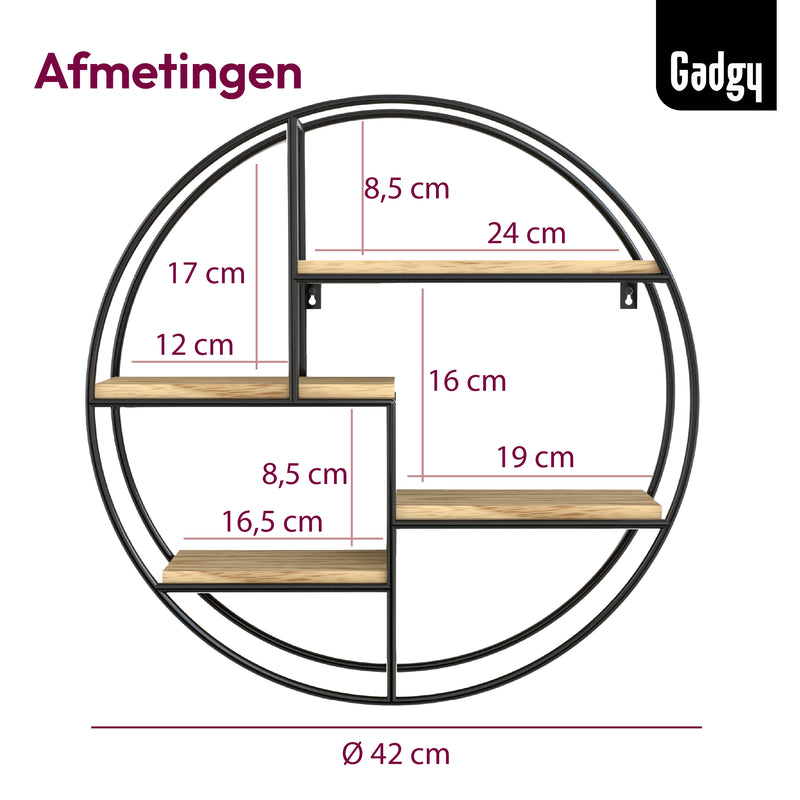 Gadgy Wandrek Industrieel – Rond met 4 Houten Planken - Wandrekken - Wanddecoratie Industrieel - Muurdecoratie Metaal – Ø 42x10 cm